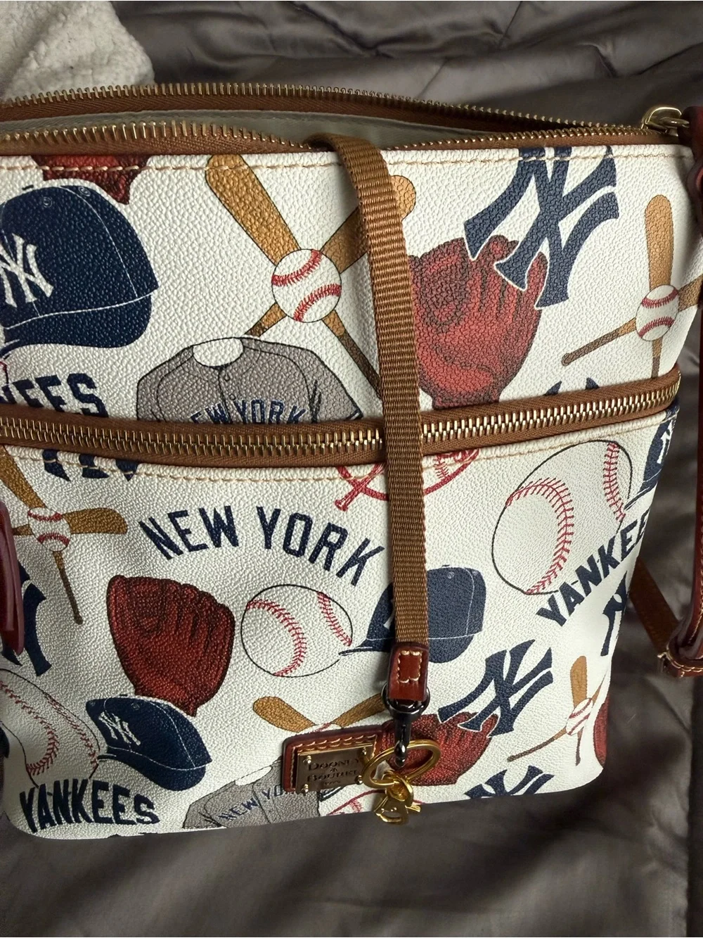 Dooney & Bourke Cream New York Yankees Print Crossbody with Brown Strap